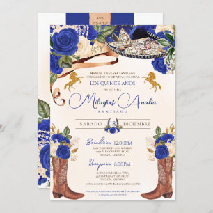 Cobalt Royal Blue Roses Western Charro Quinceañera Invitation