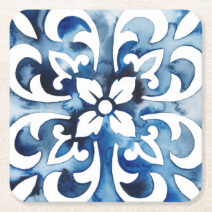 Cobalt Tile II Square Paper Coaster