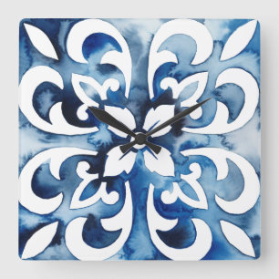 Cobalt Tile II Square Wall Clock