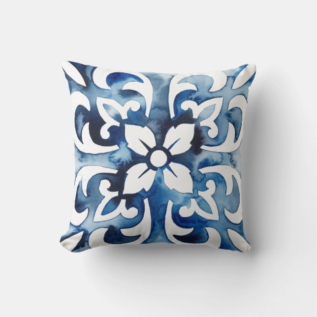 Cobalt Tile II Throw Pillow (Front)
