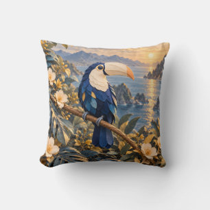 Cobalt Toucan Golden Tropical Lake Sunset Throw Pillow