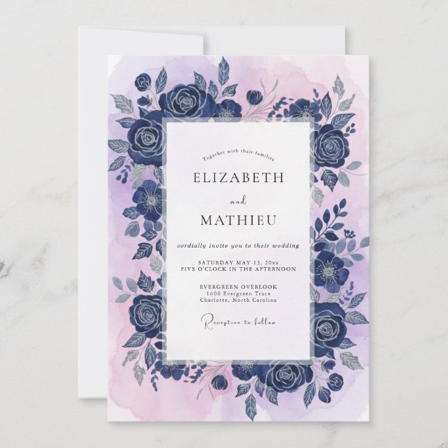 Cobalt Violet Rose Wedding Invitation (Front)