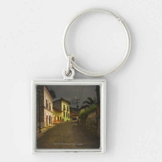 Cobblestone Road & Yellow Buildings in Mexico Keychain (Front)