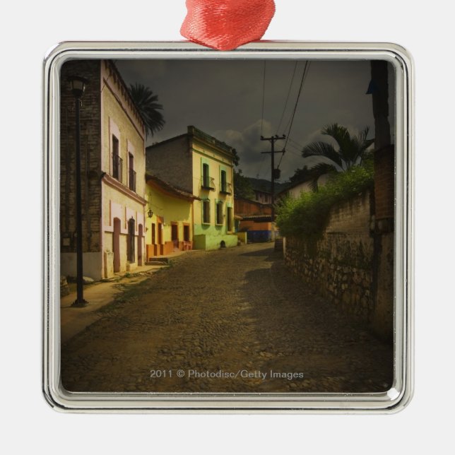 Cobblestone Road & Yellow Buildings in Mexico Metal Ornament (Front)