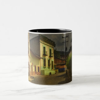 Cobblestone Road & Yellow Buildings in Mexico Two-Tone Coffee Mug