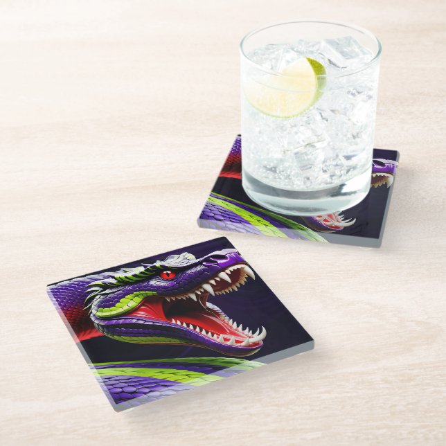 Cobra snake with vibrant green and purple scales glass coaster (Angled)