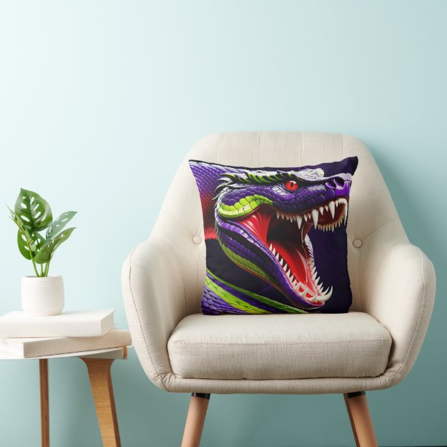 Cobra snake with vibrant green and purple scales throw pillow (Chair)