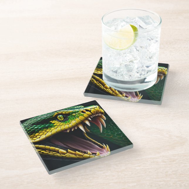 Cobra snake with vibrant green and yellow scales  glass coaster (Angled)
