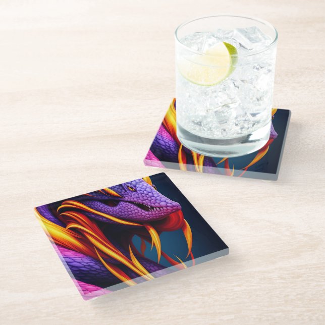 Cobra snake with vibrant orange and purple scales glass coaster (Angled)