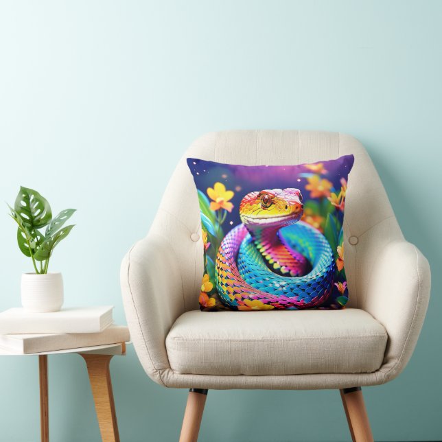 Cobra snake with vibrant turquoise pink and yellow throw pillow (Chair)