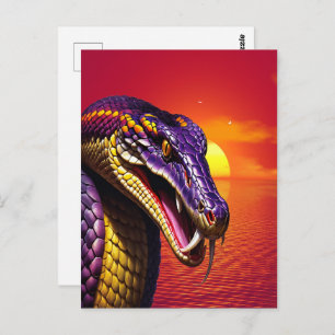 Cobra snake with vvibrant purple and yellow scales postcard