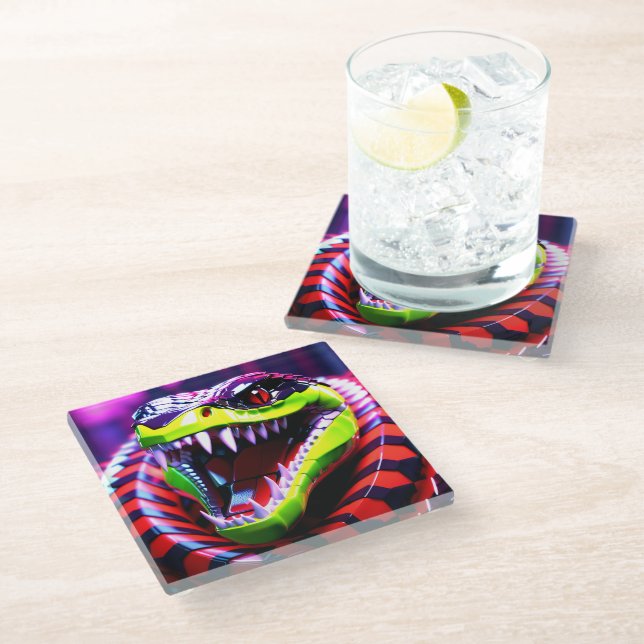 Cobra snake withlime green lips and pink eye brow glass coaster (Angled)