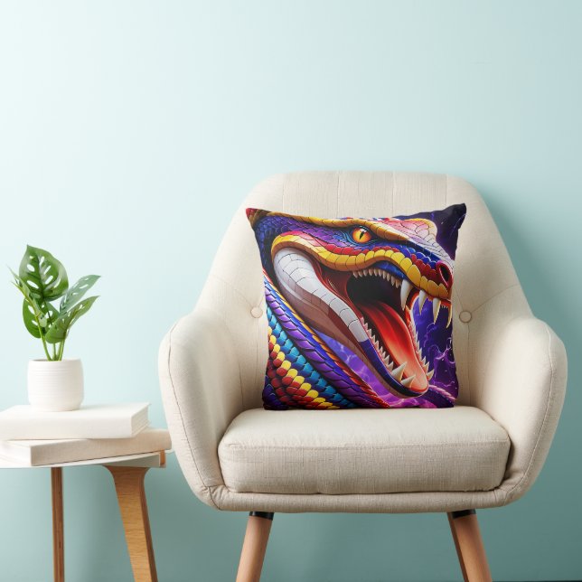 Cobra vibrant red blue and yellow scales  throw pillow (Chair)