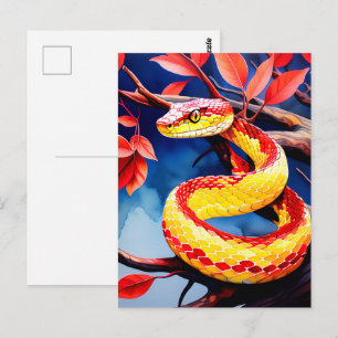 Cobra with vibrant red and yellow scales in tree postcard