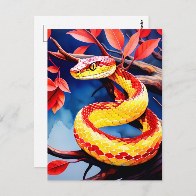 Cobra with vibrant red and yellow scales in tree postcard (Front/Back)
