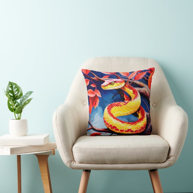 Cobra with vibrant red and yellow scales in tree throw pillow (Chair)
