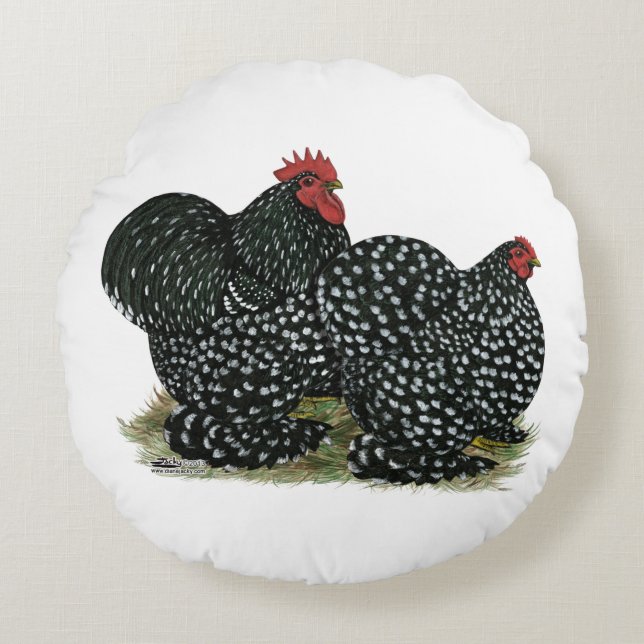 Cochin Mottled Chickens Round Pillow (Front)