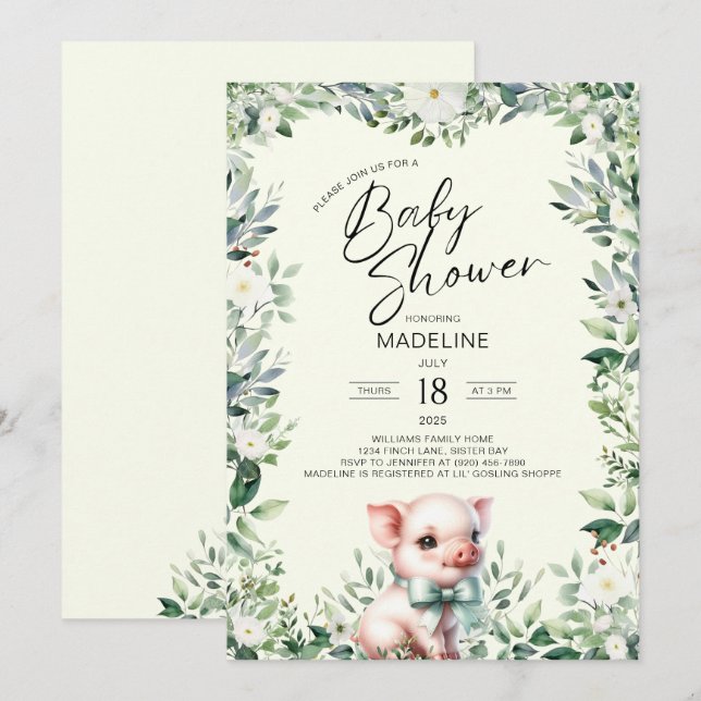 Cochon avec Bow Baby shower de verdure Invitation (Devant / Derrière)