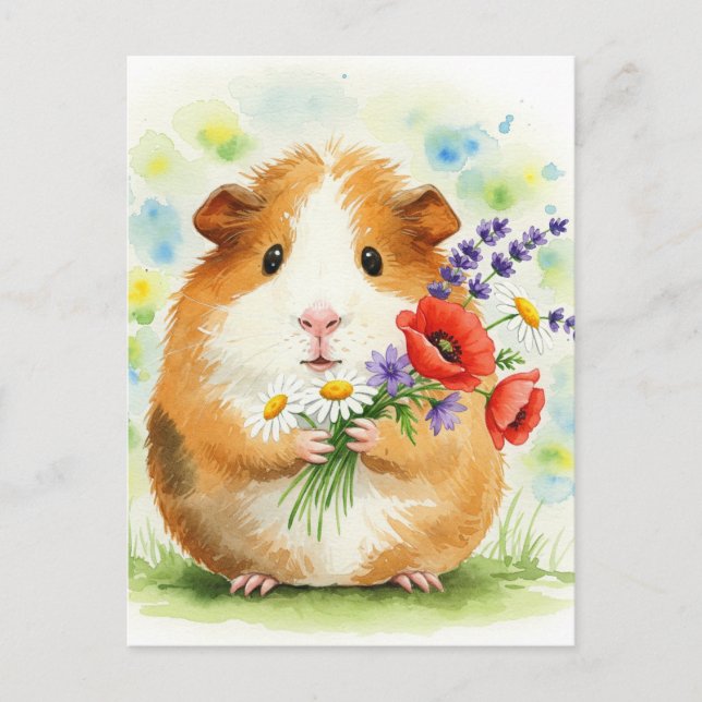 Cochon de Guinée mignon avec carte postale Fleurs (Devant)