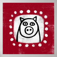Cochon Drôle Sur Poster Rouge Mur Art