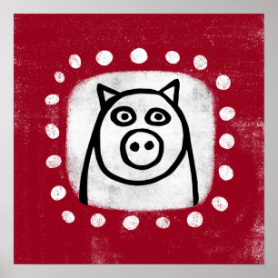 Cochon Drôle Sur Poster Rouge Mur Art