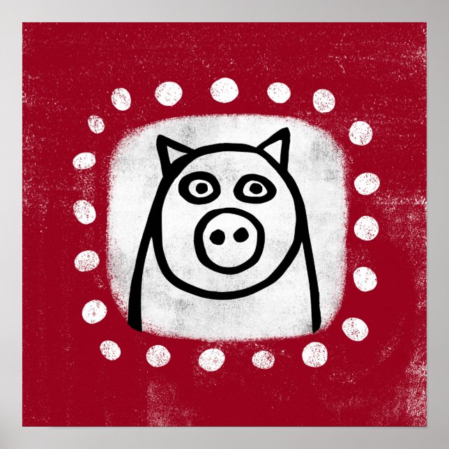 Cochon Drôle Sur Poster Rouge Mur Art (Devant)