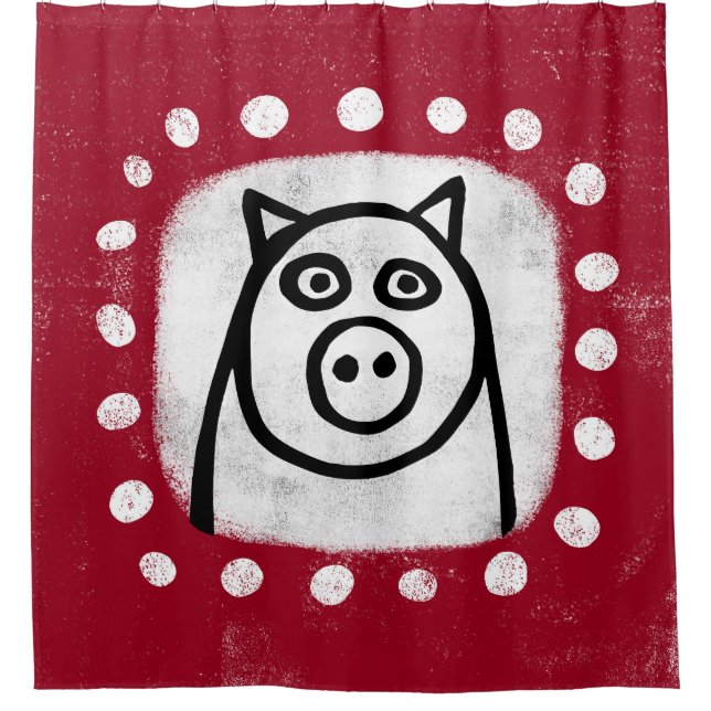 Cochon Drôle Sur Rideau De Douche Rouge (Devant)