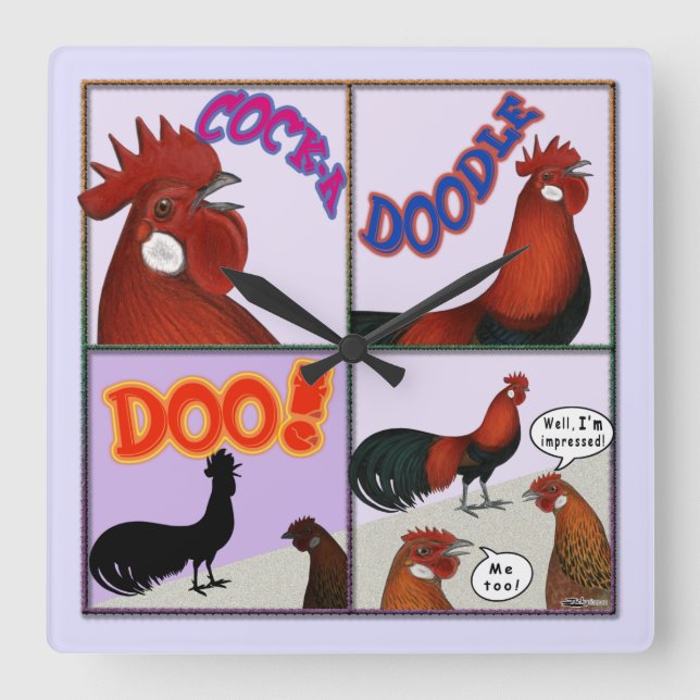 Cock-A-Doodle-Doo! Square Wall Clock (Front)