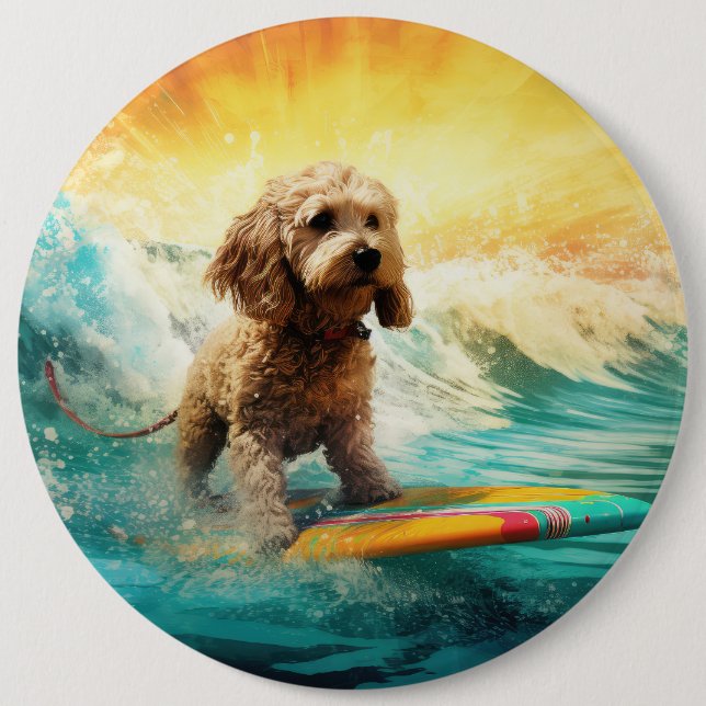 Cockapoo Beach Surfing Painting  6 Inch Round Button (Front)