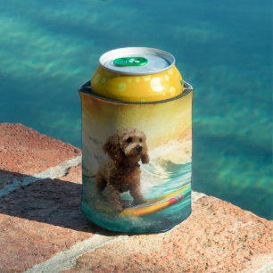 Cockapoo Beach Surfing Painting  Can Cooler
