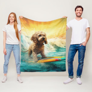 Cockapoo Beach Surfing Painting Fleece Blanket