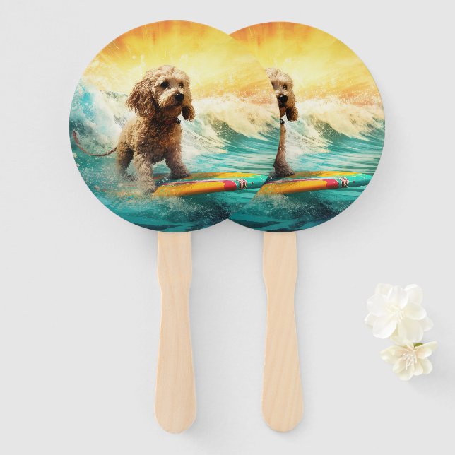 Cockapoo Beach Surfing Painting  Hand Fan (Front and Back)