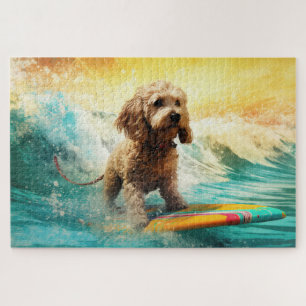 Cockapoo Beach Surfing Painting  Jigsaw Puzzle