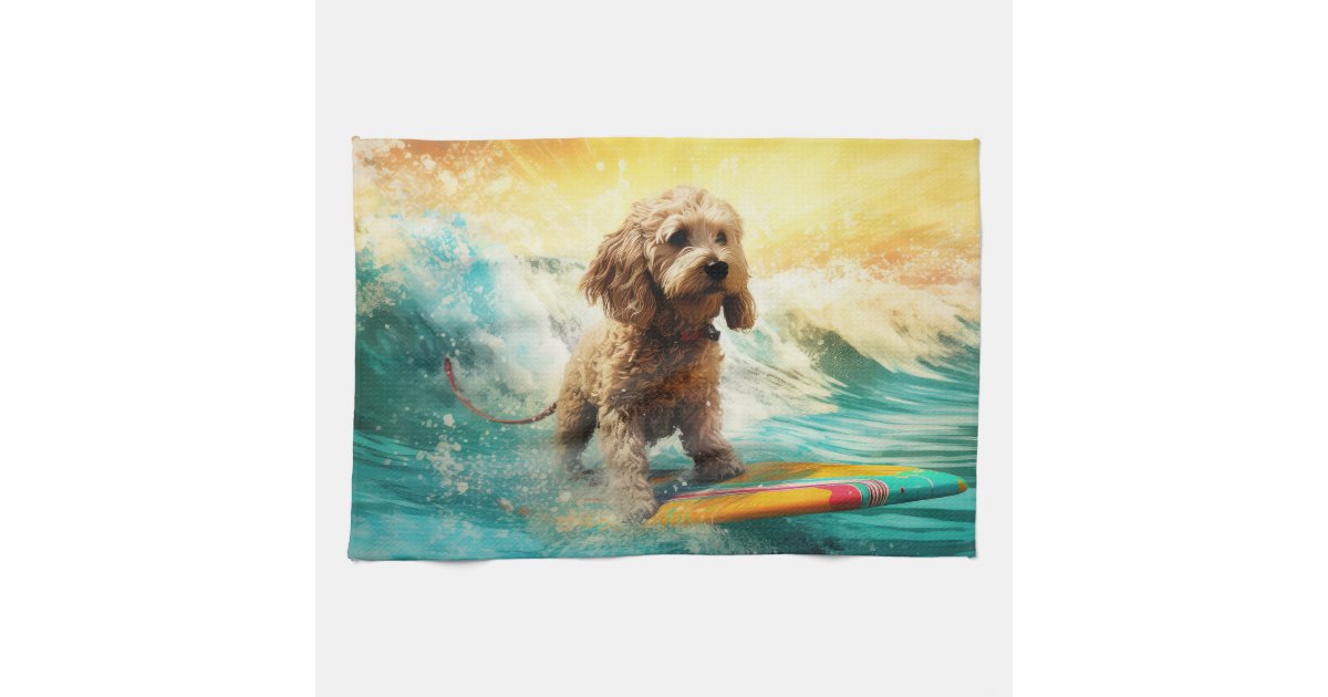 Cockapoo Beach Surfing Painting Kitchen Towel | Zazzle