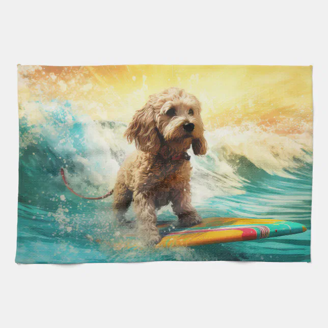 Cockapoo Beach Surfing Painting Kitchen Towel | Zazzle