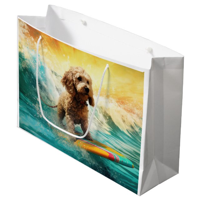 Cockapoo Beach Surfing Painting  Large Gift Bag (Front Angled)