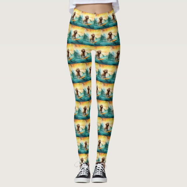 Cockapoo Beach Surfing Painting  Leggings (Front)