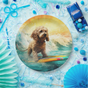 Cockapoo Beach Surfing Painting  Paper Plate