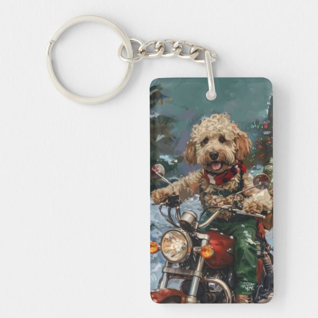 Cockapoo Chien chevauchant la moto Noël (Devant)