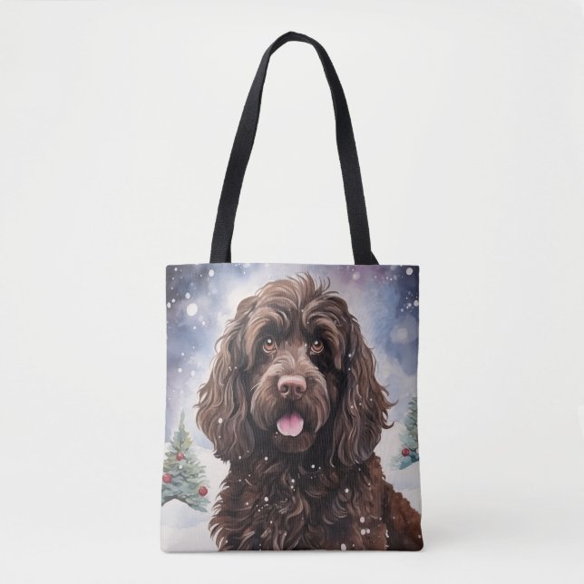 Cockapoo Chocolate Dog in a Winter Scene Tote Bag (Front)