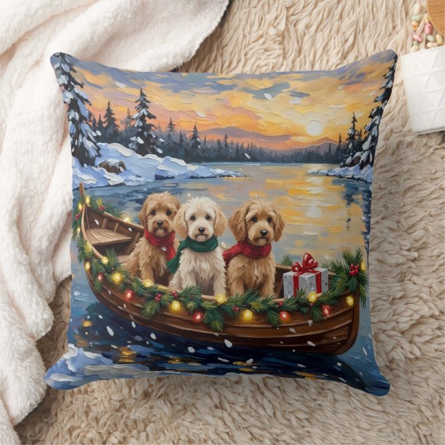 Cockapoo Christmas Boat Holiday Throw Pillow (Blanket)