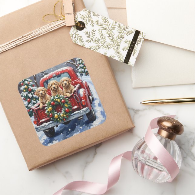 Cockapoo Christmas Red Truck Holiday Square Sticker (Gifting)