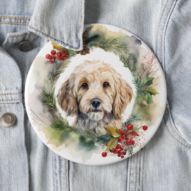 Cockapoo Christmas Wreath Festive Pup  6 Inch Round Button (In Situ)
