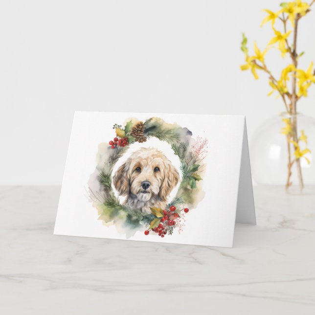 Cockapoo Christmas Wreath Festive Pup  Card (Yellow Flower)