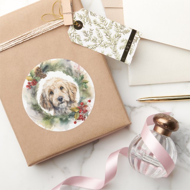 Cockapoo Christmas Wreath Festive Pup  Classic Round Sticker (Gifting)