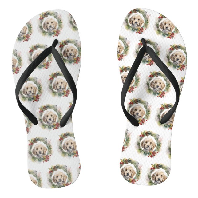 Cockapoo Christmas Wreath Festive Pup  Flip Flops (Footbed)