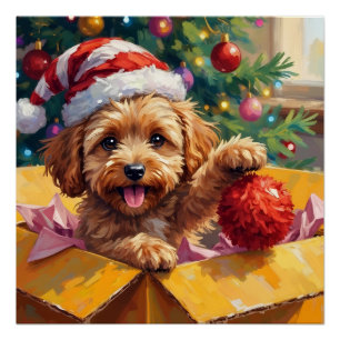 Cockapoo Dog Christmas Gift Box Surprise Poster