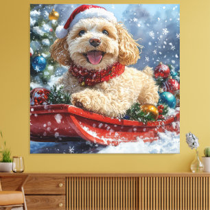 Cockapoo Dog in Sledge Let it Snow Christmas Canvas Print