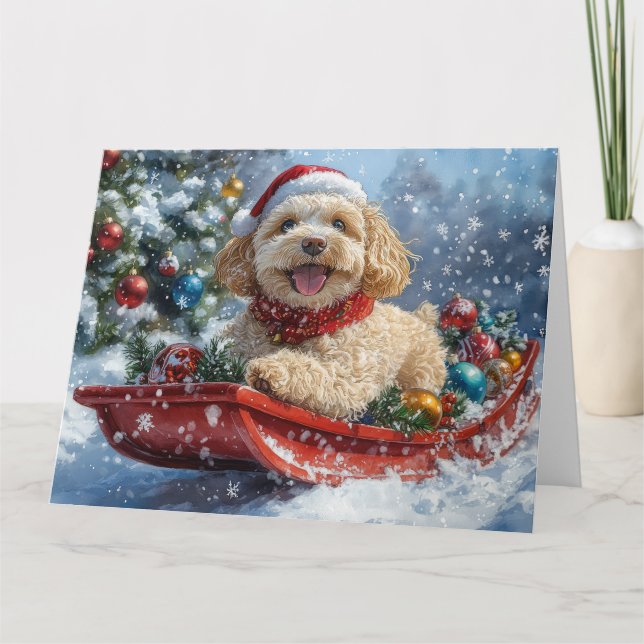 Cockapoo Dog in Sledge Let it Snow Christmas Card (Front)