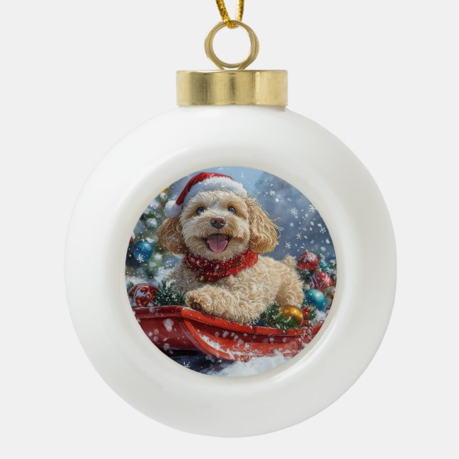Cockapoo Dog in Sledge Let it Snow Christmas Ceramic Ball Christmas Ornament (Front)